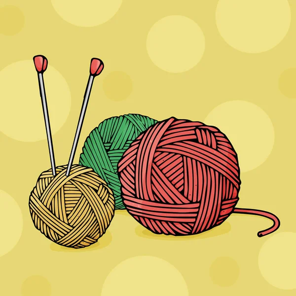 Yün örgü ve sarı zemin üzerine örgü iğneleri için farklı renkteki düğüm. Renkli vektör çizim kroki tarzı.