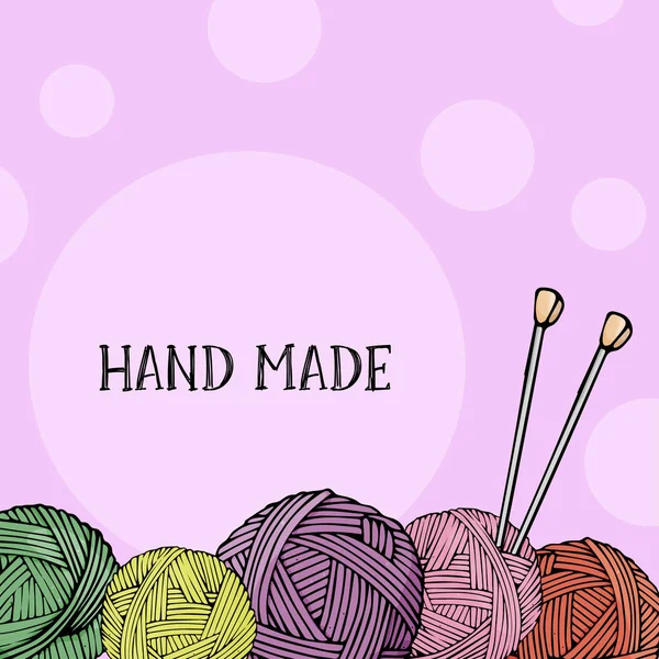 編み物と針編みウールのボールを持つテンプレート。スケッチ スタイルのベクトル図です。レイアウト。あなたのテキストのためのフレーム. — ストックベクタ