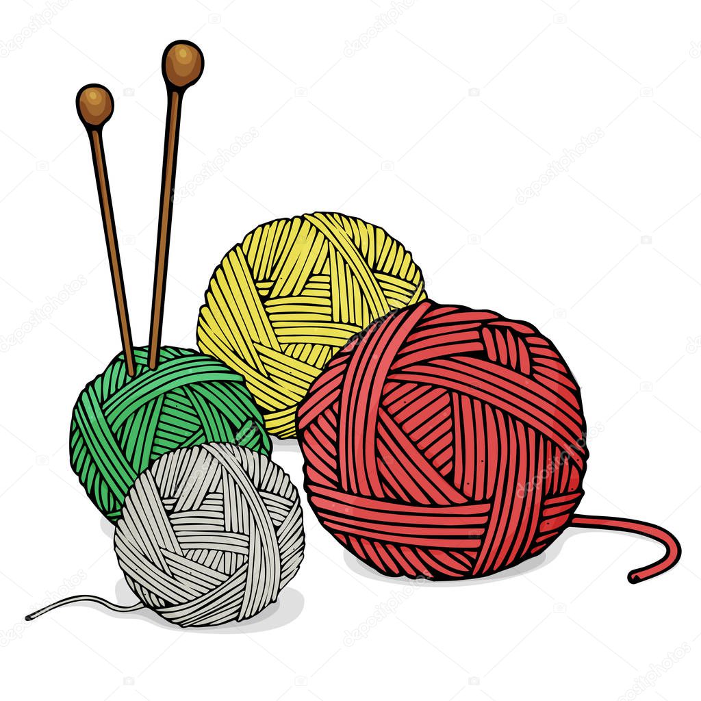 Tangles of different colors of wool for knitting and knitting needles. Colorful vector illustration in sketch style.