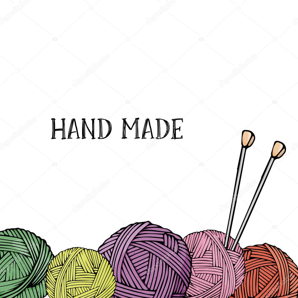 Template with balls of wool for knitting and knitting needles . Colorful vector illustration in sketch style. Layout. Frame for your text.