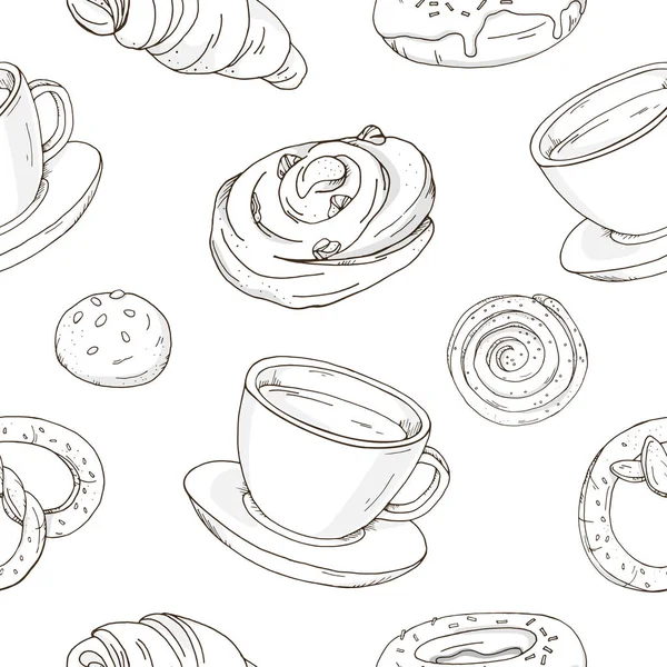 Patrón sin costuras con deliciosos pasteles dulces y una taza de café o té. Rollos elegantes, blancos y negros, croissants, pretzels. Ilustración vectorial en estilo de boceto . — Archivo Imágenes Vectoriales