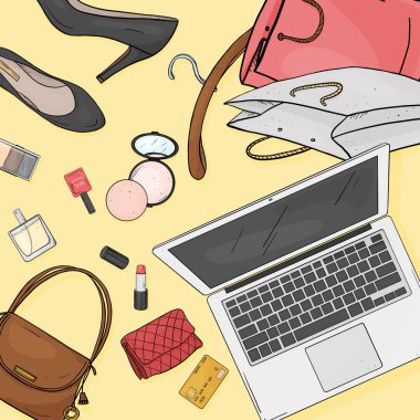 Online mağaza masaüstü konsept dizüstü bilgisayar, Resepsiyon, çantalar, kredi kartları, kozmetik ve ayakkabı. Kredi kartı ile ödeme.