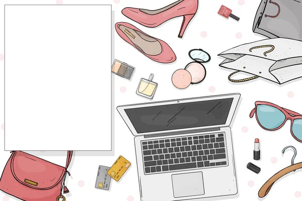 Online winkel bureaublad concept met laptop, Bureau, tassen, credit cards, cosmetica en schoenen. Credit card betaling. Mock up. Sjabloon. — Stockvector