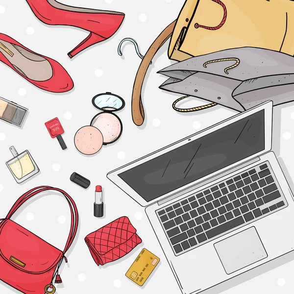 Online winkel bureaublad concept met laptop, Bureau, tassen, credit cards, cosmetica en schoenen. Betaling per creditcard. — Stockvector