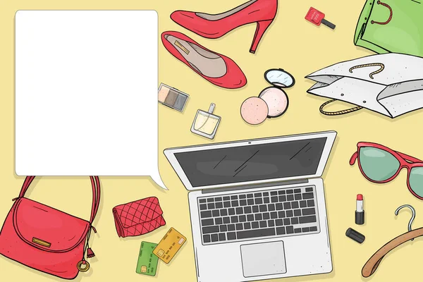 Online winkel bureaublad concept met laptop, Bureau, tassen, credit cards, cosmetica en schoenen. Credit card betaling. Mock up. Sjabloon. — Stockvector