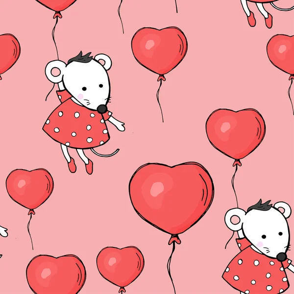 Χωρίς ραφή πρότυπο με μπαλόνια σε σχήμα καρδιάς και το ποντίκι. Το ποντίκι που φέρουν σε μπαλόνι σε ροζ φόντο. Εικονογράφηση πολύχρωμο διάνυσμα με σκίτσο στυλ. Ημέρα του Αγίου Βαλεντίνου. — Διανυσματικό Αρχείο