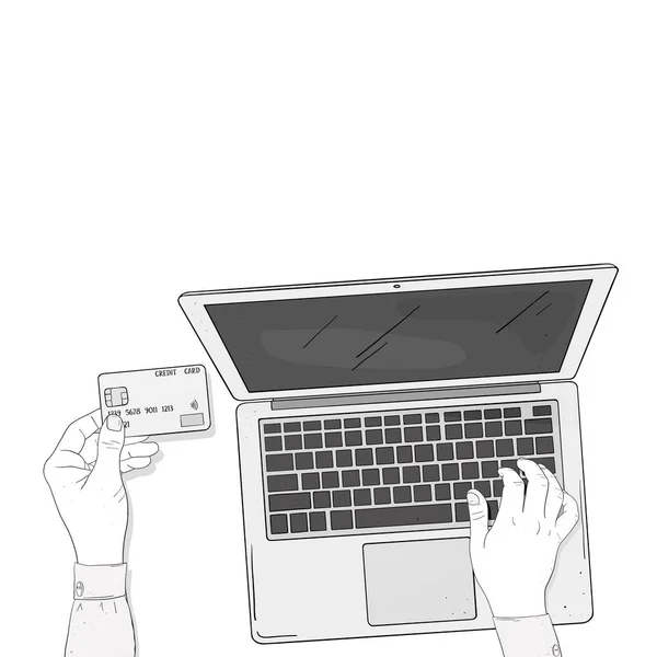 Concept de boutique en ligne avec ordinateur portable et carte de crédit. Les mains des femmes paient les achats en ligne. Paiement par carte de crédit. La vue du haut . — Image vectorielle