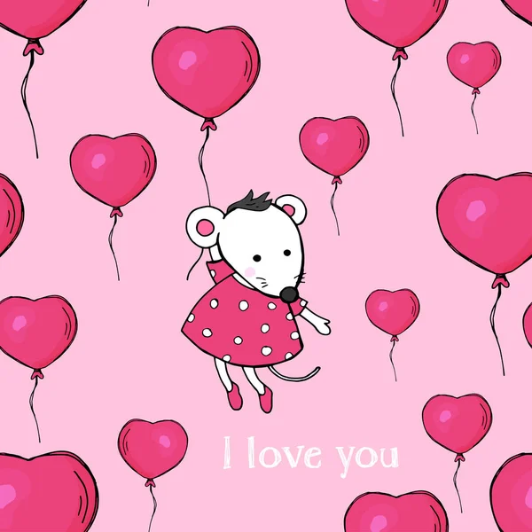Χαριτωμένο καρτ ποστάλ με ένα ποντίκι και μπαλόνια σε σχήμα καρδιάς. Το ποντίκι που φέρουν σε ένα μπαλόνι. Εικονογράφηση πολύχρωμο διάνυσμα με σκίτσο στυλ. Ημέρα του Αγίου Βαλεντίνου. — Διανυσματικό Αρχείο