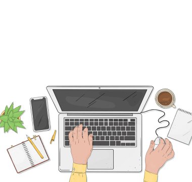 Kişi belgili tanımlık laptop inşaat. El bilgisayar klavye ve fare. Üstten görünüm. Vektör çizim kroki tarzı.