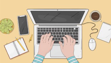 Kişi belgili tanımlık laptop inşaat. El bilgisayar klavye ve fare. Üstten görünüm. Vektör çizim kroki tarzı.