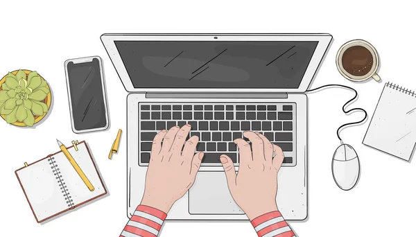 Людина працює в ноутбуці. Руки на клавіатурі комп'ютера і миші. Вид зверху. Векторні ілюстрації в стилі ескізів . — стоковий вектор
