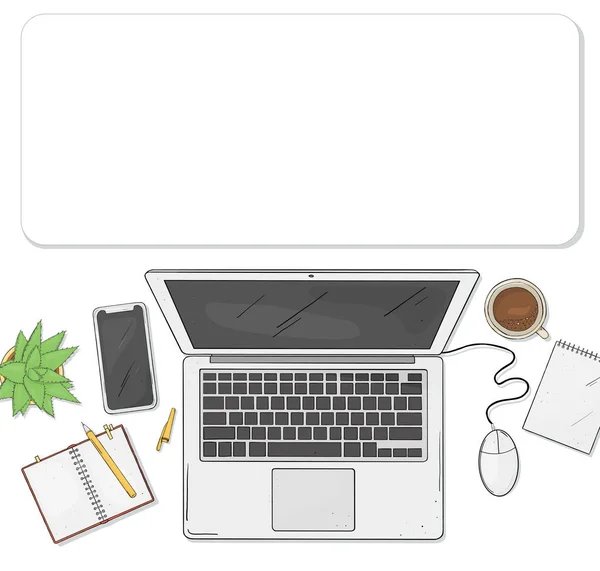 Computer portatile, telefono, tazza di caffè, un notebook e un fiore sul desktop la vista dall'alto. Illustrazione vettoriale in stile schizzo. Disposizione. Modello. . — Vettoriale Stock