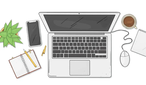 Computer portatile, telefono, tazza di caffè, un notebook e un fiore sul desktop la vista dall'alto. Illustrazione vettoriale in stile schizzo . — Vettoriale Stock