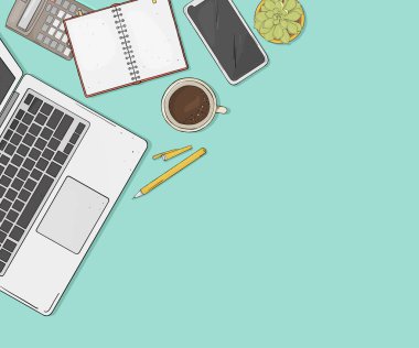 Dizüstü bilgisayar, telefon, kahve, bir dizüstü bilgisayar ve bir çiçek üstünde senin okul sırası üstten görünüm. Vektör çizim kroki tarzı. Şablon. Yukarı alay.