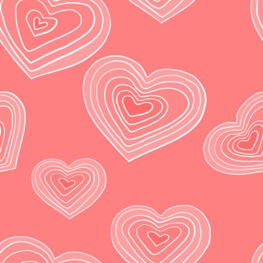 Seamless modeli pembe bir arka plan üzerinde beyaz yürekleri. Romantik Paket kağıdı duvar kağıdı, tekstil, giyim. Vektör çizim. Sevgililer günü.