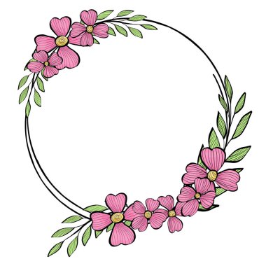 Yuvarlak çerçeve çiçek ve yaprakları ile. Vektör çizim kroki tarzı. Şablon. Metin için yer. Yukarı alay.
