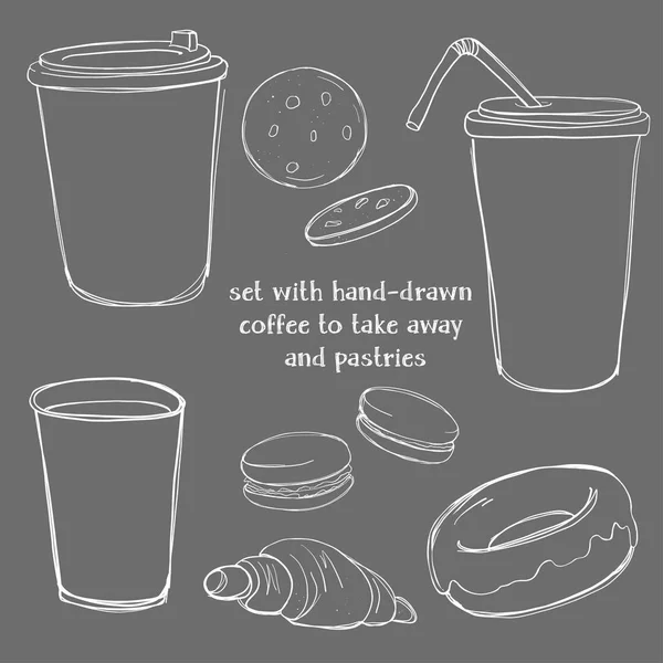 Set mit Einweg-Pappbechern mit Kaffee und Tee zum Mitnehmen und Gebäck. Donut, Croissant, Kekse und Makronen. Monochrome Vektorillustration im Skizzenstil auf dunklem Hintergrund. — Stockvektor