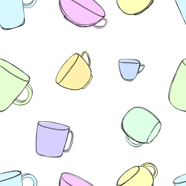 Patrón sin costuras con tazas de té dibujadas a mano. Ilustración vectorial en estilo de boceto sobre fondo blanco . — Vector de stock