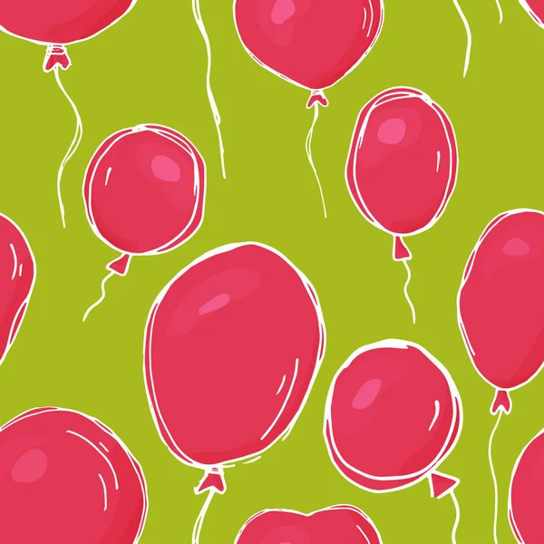 Modèle sans couture avec des ballons roses sur fond vert. Illustration vectorielle colorée en style croquis. Idée de projet pour les cartes de vœux d'anniversaire, décoration de festival, emballage cadeau . — Image vectorielle