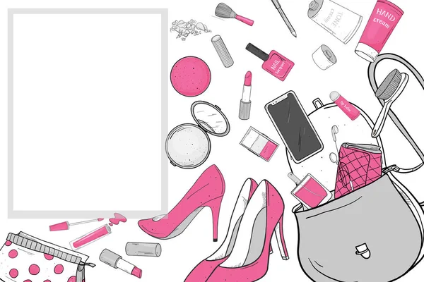 Sac à main femme avec cosmétiques, chaussures et smartphone. Des effets personnels sont tombés du sac. Illustration vectorielle en style croquis. Pour les applications mode, beauté et mobile. Maquette-toi. Modèle de modèle . — Image vectorielle