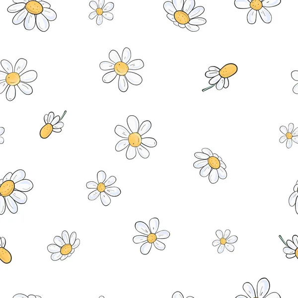 Seamless floral pattern with chamomile flowers. Vector illustration on white background in sketch style. — Stock Vector