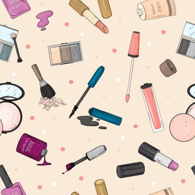Kadın kozmetik ile Seamless modeli. Yüz ve tırnak için dekoratif kozmetiği. Renkli vektör çizim. Güzellik, moda dergisi, baskı medya, web uygulamaları, mobil uygulamalar.