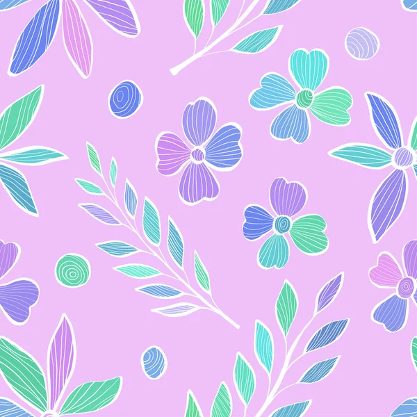 Patrón sin costuras con ramas de hojas y flores en el estilo del boceto. Ilustración colorida sobre fondo rosa. Doodle. . — Vector de stock