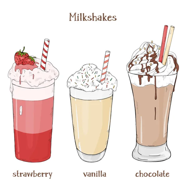 Ensemble de trois milk shakes fraise, vanille et chocolat . — Image vectorielle