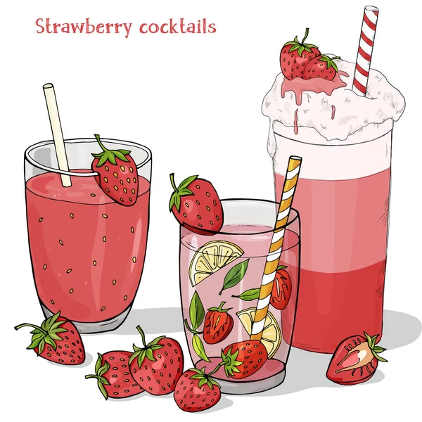 Ensemble de boissons rafraîchissantes d'été à base de fraises. Milkshake, fraise Mojito, boisson fraîche et fraise fraîche . — Image vectorielle