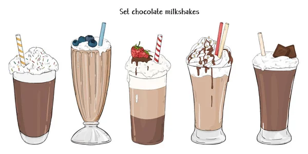 Set of refreshing summer drinks. Various milkshakes with chocolate on white background. — Stock Vector