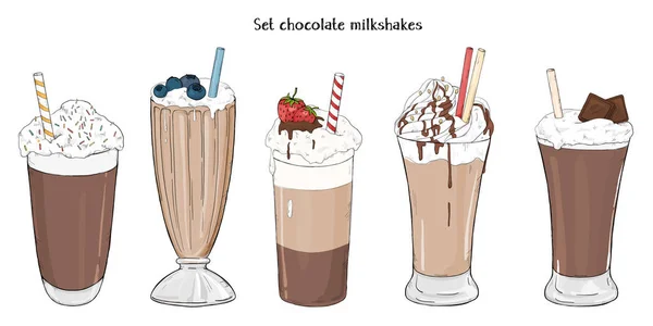 Serinletici yaz içecekler kümesi. Beyaz zemin üzerine çikolata ile çeşitli milkshakes.