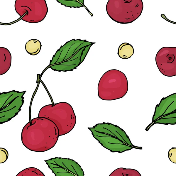 Padrão com cereja. Cerejas maduras brilhantes e covas em um fundo branco. Ilustração vetorial colorida em estilo esboço . — Vetor de Stock