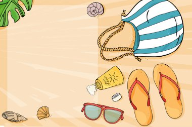 Metniniz için yaz çerçeve. Bir plaj tatil Tema. Kroki tarzı renkli plaj öğeleri.