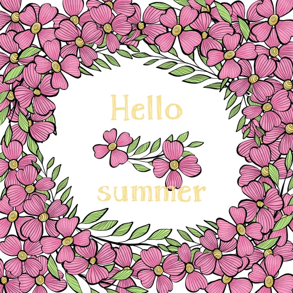 Szablon z kwiatami i napis Hello lato. — Wektor stockowy