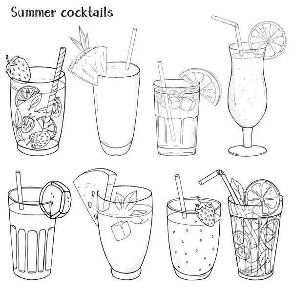 Set de refrescantes bebidas de verano. Siluetas de diferentes cócteles y jugos en vasos de vidrio . — Vector de stock