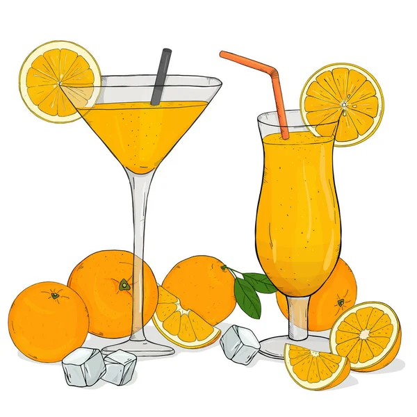 Soft orange drinks in glasses with ice and straw. — Stock Vector