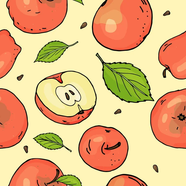 Modello senza cuciture con mele rosse e foglie. Mele intere e pezzi su fondo giallo. Illustrazione vettoriale colorata in stile schizzo . — Vettoriale Stock