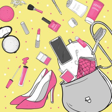 Bayan Çanta Kozmetik, Ayakkabı ve smartphone ile. Kişisel eşyalarını çanta dışarı düştü. Vektör çizim kroki tarzı. Moda yayınları, güzellik ve mobil uygulamalar için.