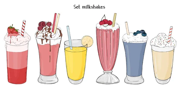 Uppsättning av uppfriskande sommardrinkar. Milkshake av frukter och bär. — Stock vektor