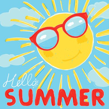 Gözlüklü güneş gülümsüyor. Güneş gözlüğü denizi ve gökyüzünü yansıtır. Merhaba yaz.