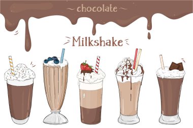 Serinletici yaz içecekler kümesi. Beyaz zemin üzerine çikolata ile çeşitli milkshakes.