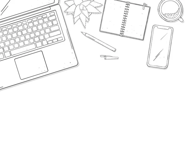 Il computer portatile, il telefono, la Tazza di caffè, un notebook e un fiore su desktop la vista superiore. Illustrazione vettoriale incolore in stile schizzo. Modello. Scherzi? . — Vettoriale Stock