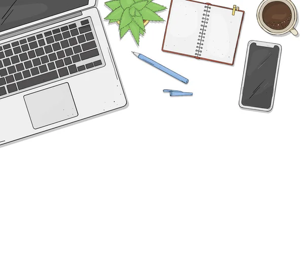 Il computer portatile, il telefono, la Tazza di caffè, un notebook e un fiore su desktop la vista superiore. Illustrazione vettoriale in stile schizzo. Modello. Scherzi? . — Vettoriale Stock