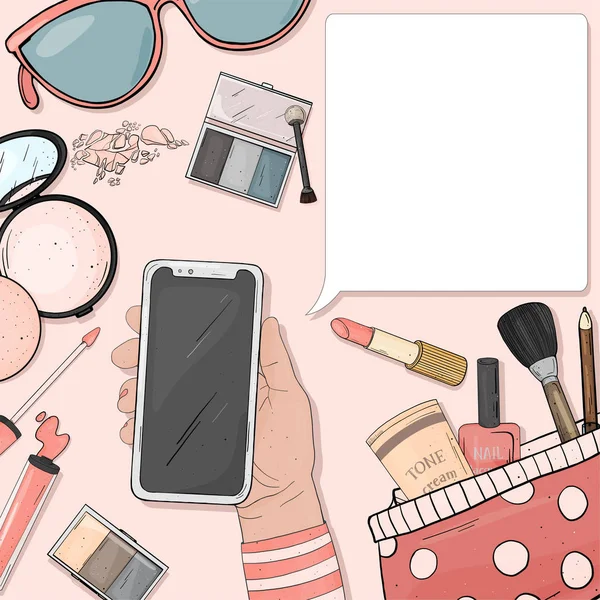 Hand with a smartphone and colorful items of womens cosmetics in the style of the sketch. Vector illustration with copy space for your text. — Stock Vector