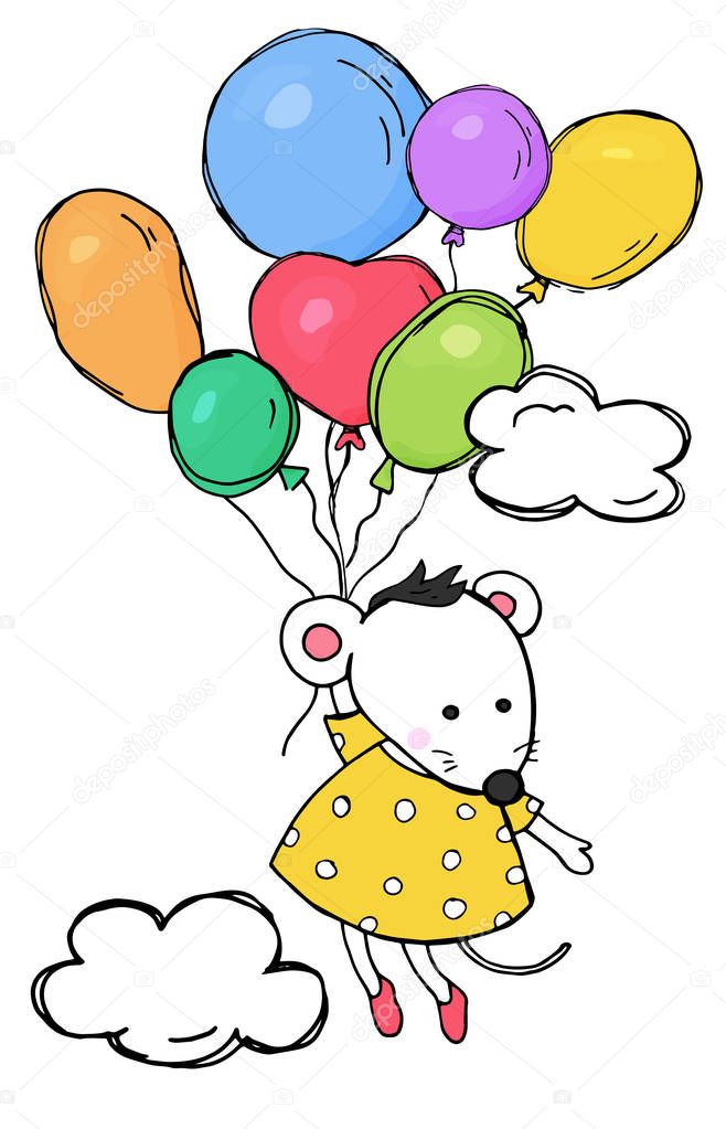 Cute card with a mouse in a yellow dress. The mouse is flying on colored balloons among the clouds.