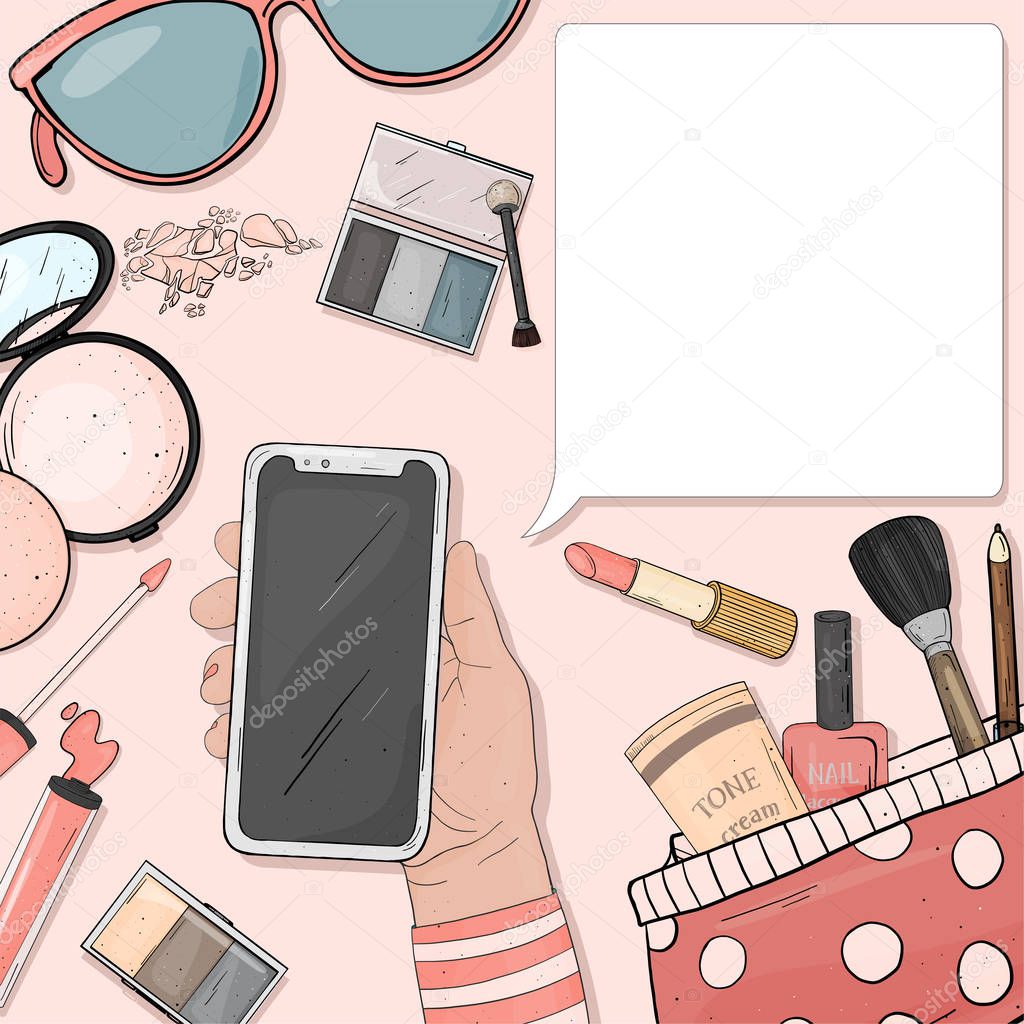 Hand with a smartphone and colorful items of womens cosmetics in the style of the sketch. Vector illustration with copy space for your text.