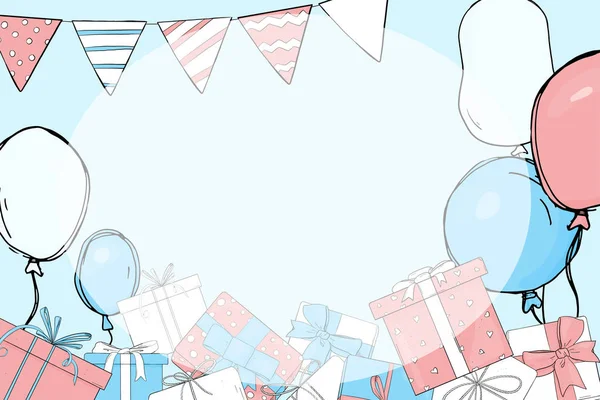 Uitnodiging aan de partij. Cadeaus en ballonnen. — Stockvector