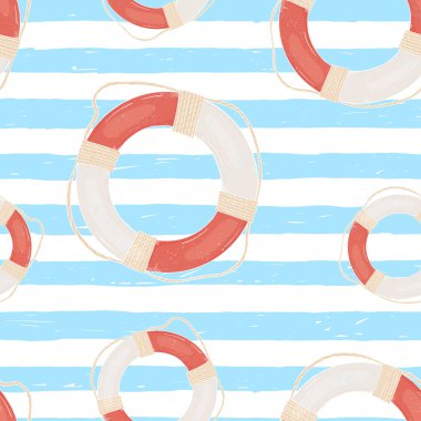 Elle çizilmiş denizci çizgileri ve yaşam halkası ile dikişsiz desen. Mavi ve beyaz çizgili arka plan. Doodle tarzı deniz teması.