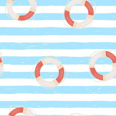 Elle çizilmiş denizci çizgileri ve yaşam halkası ile dikişsiz desen. Mavi ve beyaz çizgili arka plan. Doodle tarzı deniz teması.