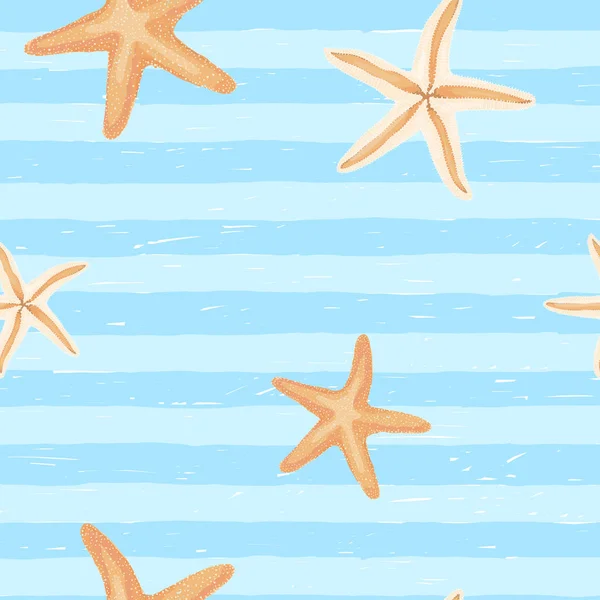 Patrón sin costuras con rayas marineras dibujadas a mano y estrellas de mar. Fondo rayado azul y blanco. Estilo Doodle tema marino . — Vector de stock